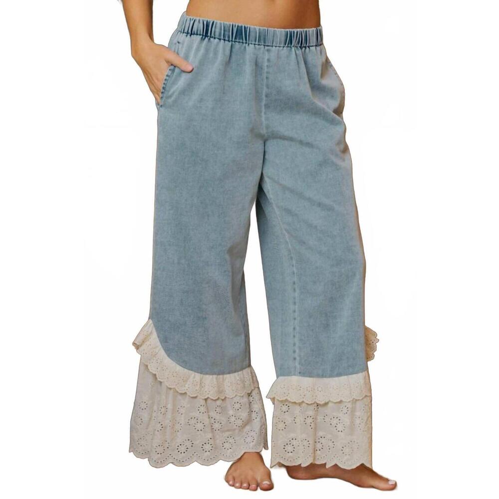 NEW BIBI ruffle lace hem pants in blue